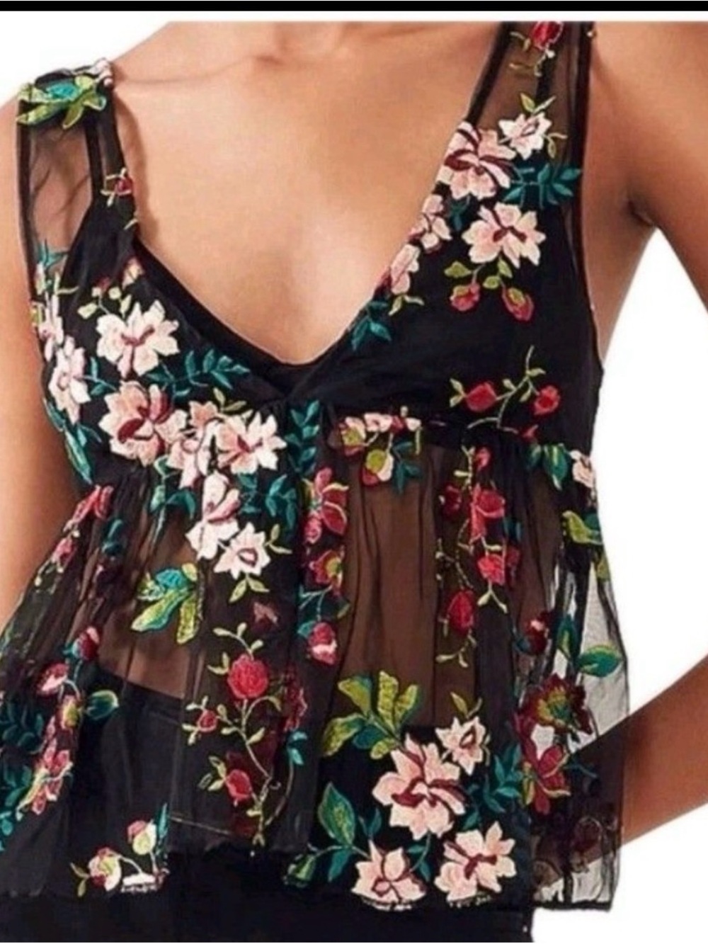 Ecote Black Sheer Camisole with Multicolor Floral Embroidery